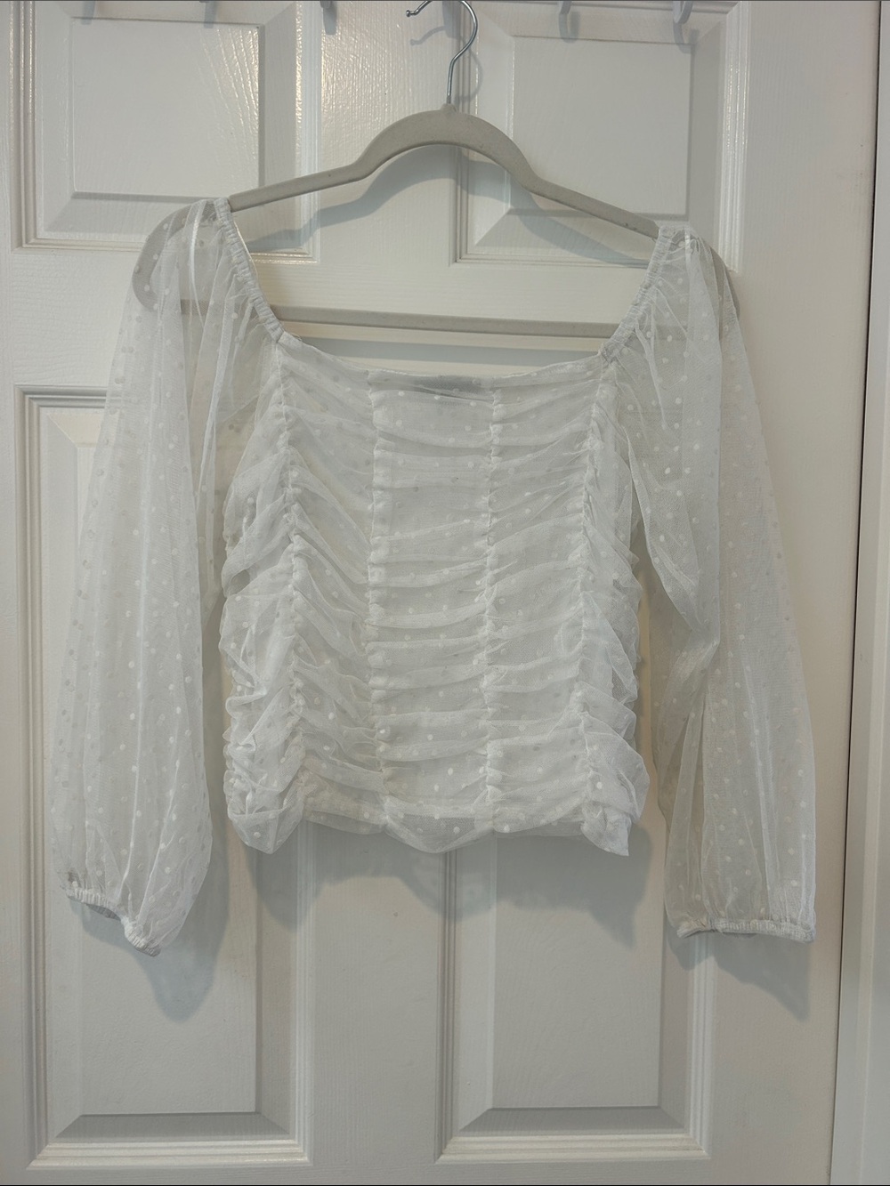 Fashion Nova White Sheer Swiss Dot Ruched Long Sleeve Blouse
